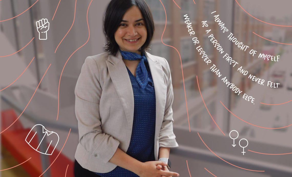Portrait of a smiling woman in business attire standing indoors, with illustrated symbols and a handwritten quote about self-worth and resilience around her.