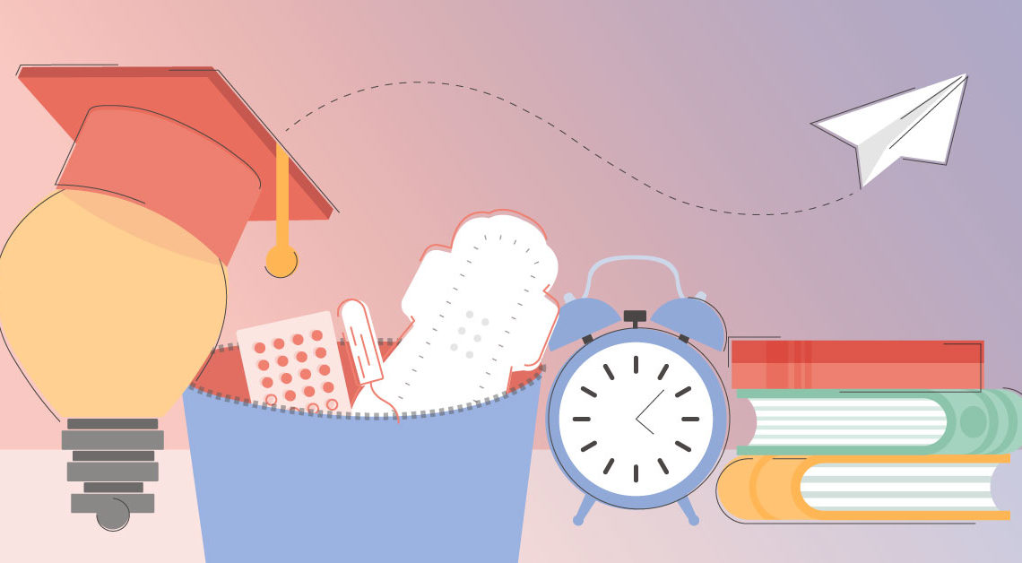 Drawing of a bulb with a graduation cap next to a basket with pills, a tampon and a pad in it, next to a clock, next to a pile of books with a paper plane in the air, representing the lessons women have learned from their period