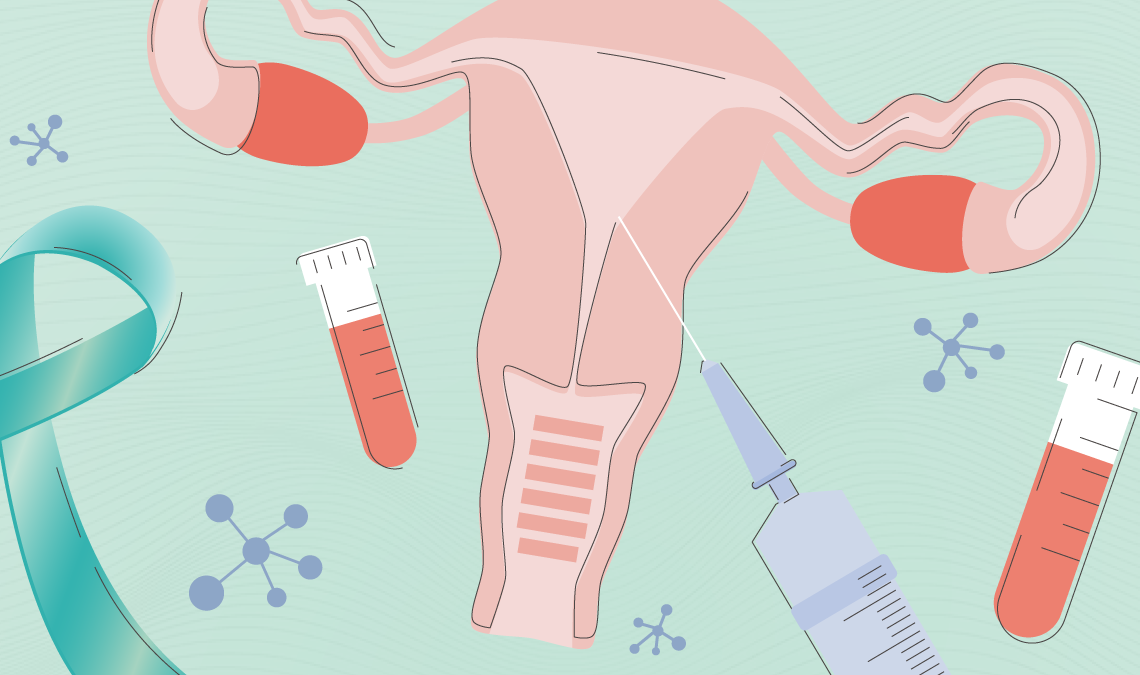 Graphic of a uterus being injected with a HPV vaccine, with a ribbon around it forming the symbol for cancer, surrounded with atomic symbols denoting science.