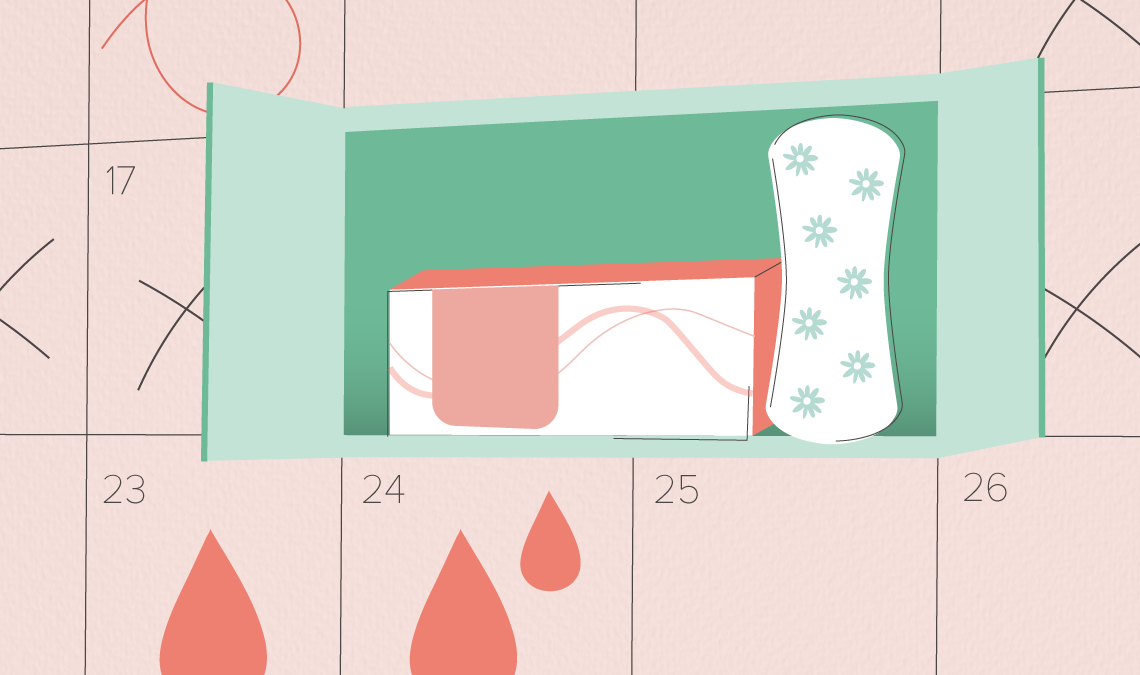 Against the background of a calendar, with period days marked out, there in an open cupboard with a box of Nua's panty liners inside and with one panty liner outside, against the box.