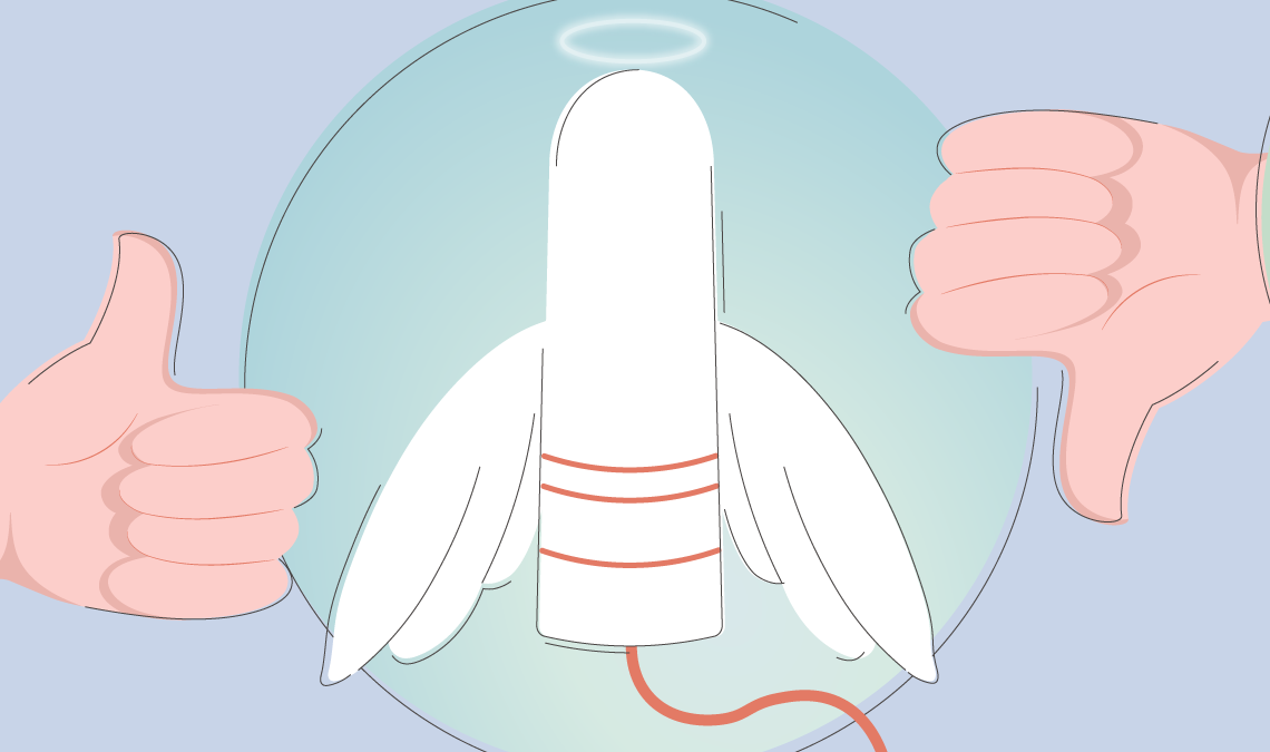 A tampon in the centre with a halo and wings and a thumbs up and thumbs down on either side of it