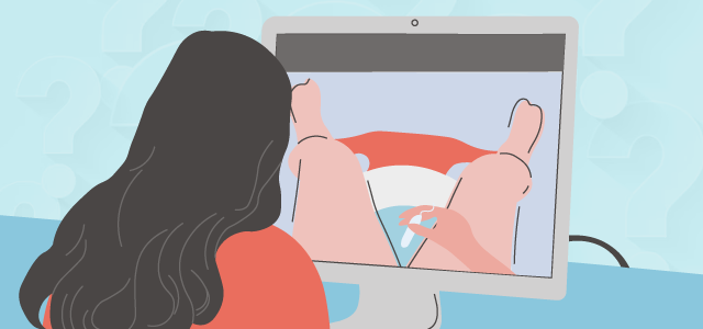 A graphical drawing of the back of a girl's head with a computer screen in front of her as she watches a demonstration of how to use tampons