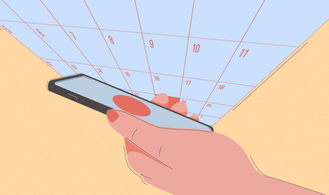 An image of a woman hand holding a smartphone and a calendar hoping out of the phone screen to indicate a period tracking app