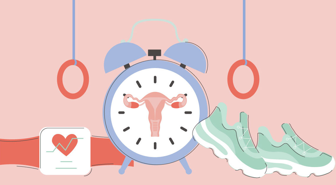 An image of a alarm clock with a uterus on the face, an Apple Watch next to it with a heart on its face, some sneakers of the other side of the clock and some exercise hoops coming down from the top of the frame