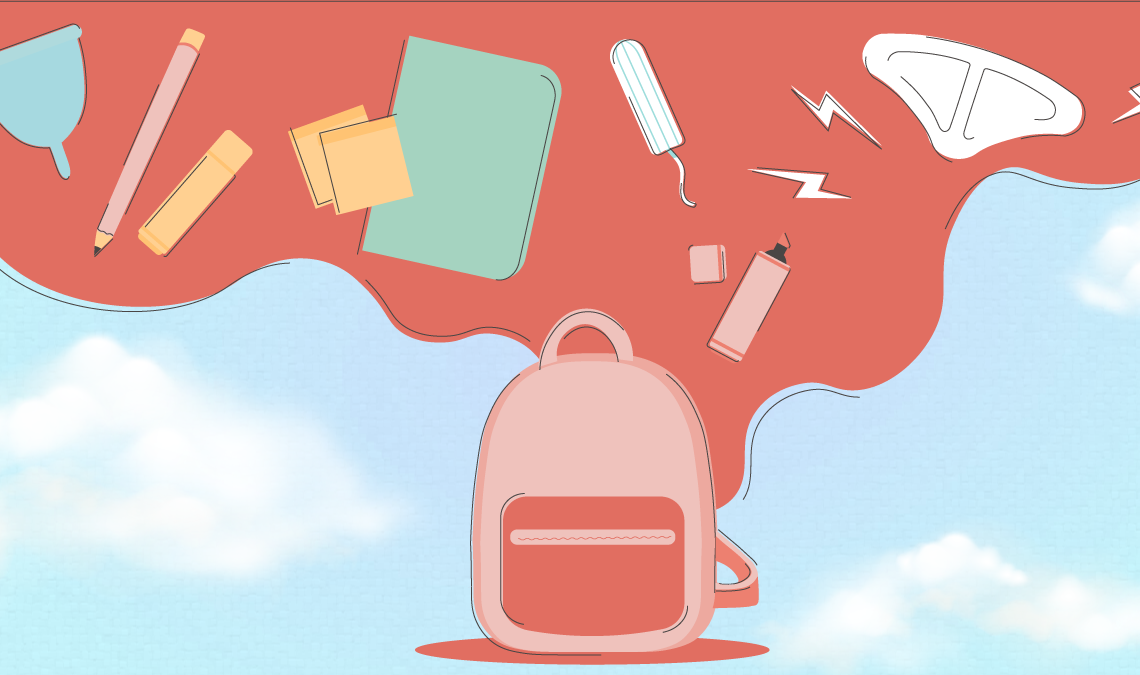 An image of a school backpack with stationary like books and pens as well as period care products like tampons, a menstrual cup and a cramp comfort patch flowing out of it