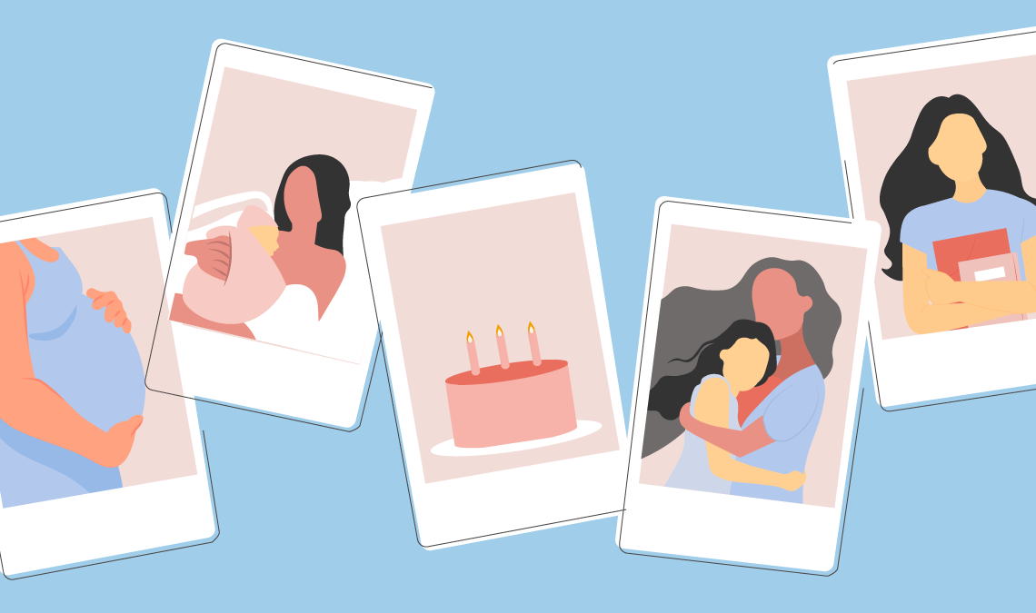 A set of 5 polaroids showing different stages of Motherhood