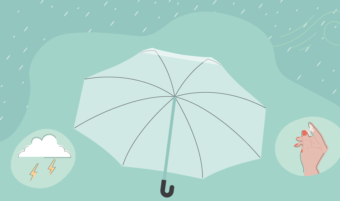 A rainy background with an umbrella in the centre, a thunderous cloud on one side and a hand with sticky substance on the other side