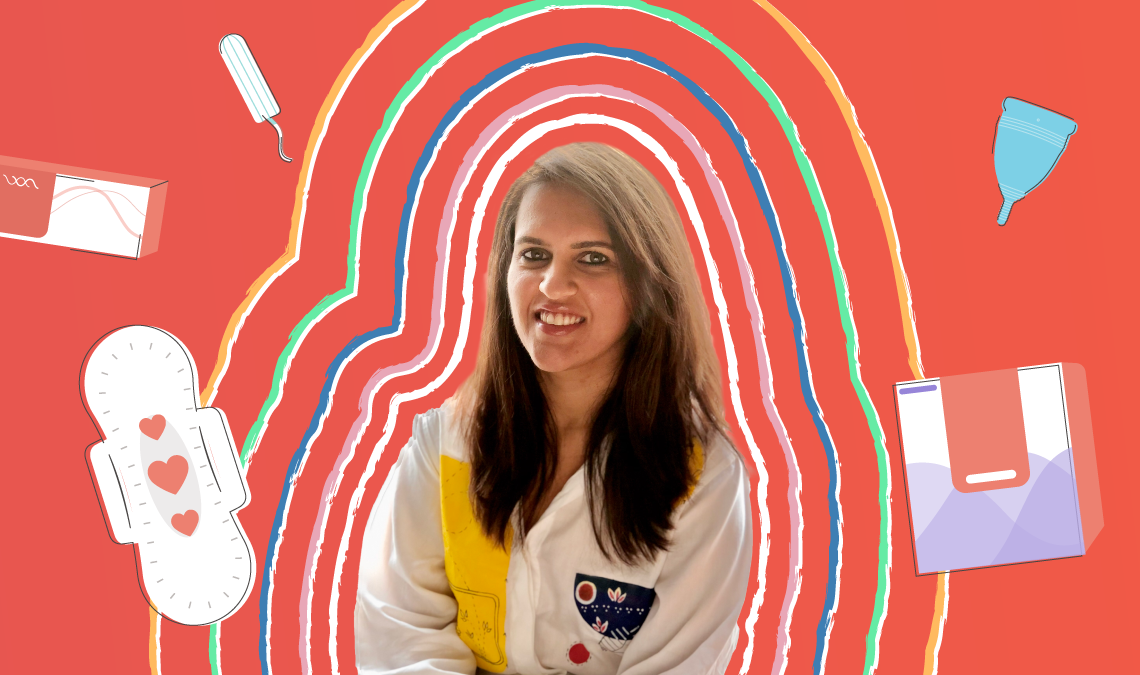 Cut-out photograph of Saloni Mayekar in the centre with colourful illustrated lines and Nua's products around her