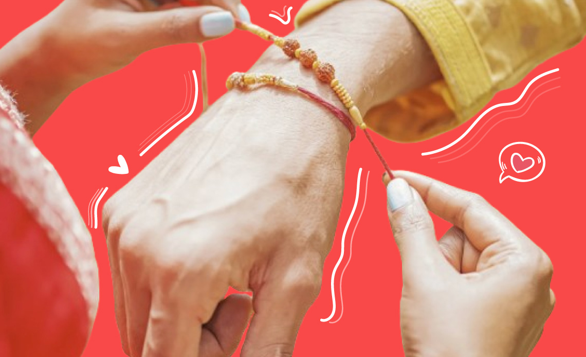 A photograph of the hands of a sister tying a Rakhi on her brother's wrist