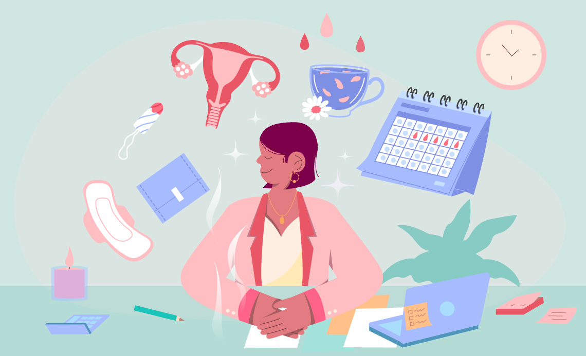 An Illustration of a woman at her office desk with symbols of work and periods all around her