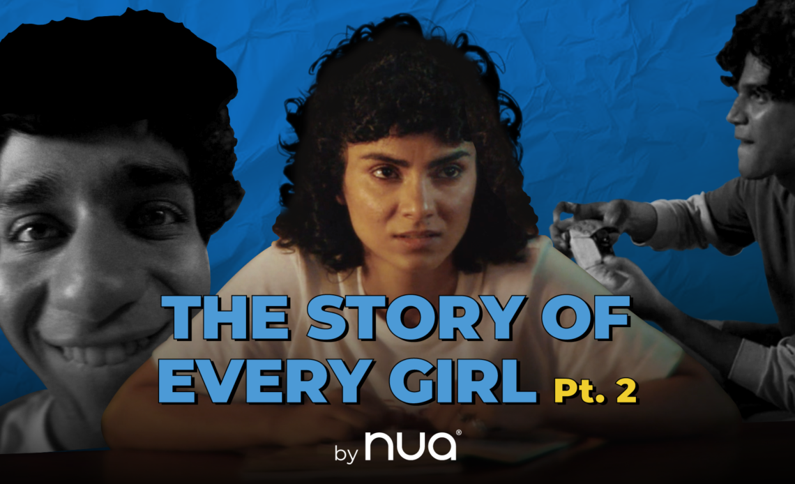 A girl in the centre looking irritated while images of her irritating brother around her