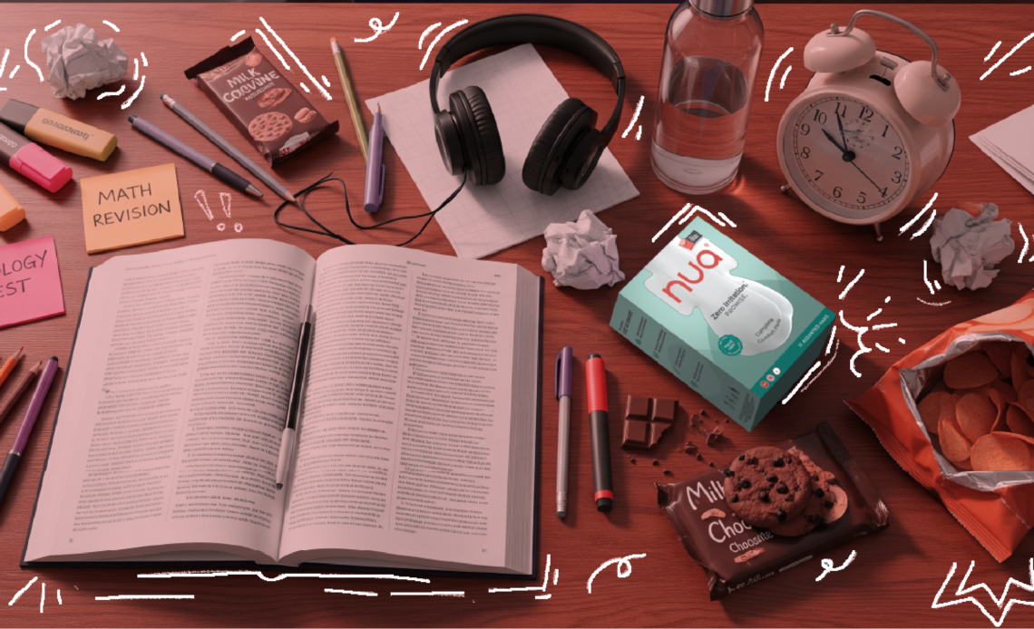 A flatlay photograph of a textbook surrounded by school supplies along with a box of Nua's zero irritation pads