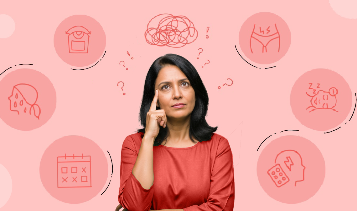 A photograph of a woman in her late 40s holding her finger to her temple with illustrations of question marks and symbols related to perimenopause all around her