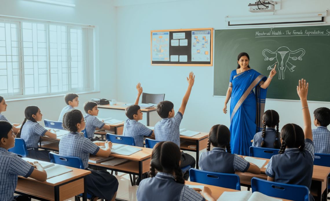 A photograph of a teacher in a co-ed classroom with a female anatomy diagram on the board