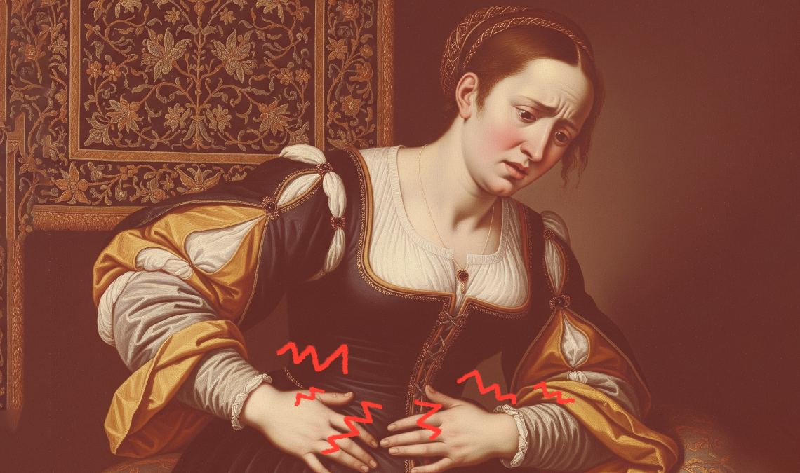 A Renaissance-style painting of a distressed woman holding her stomach, with red zigzag lines drawn over her abdomen to symbolize pain or cramps.