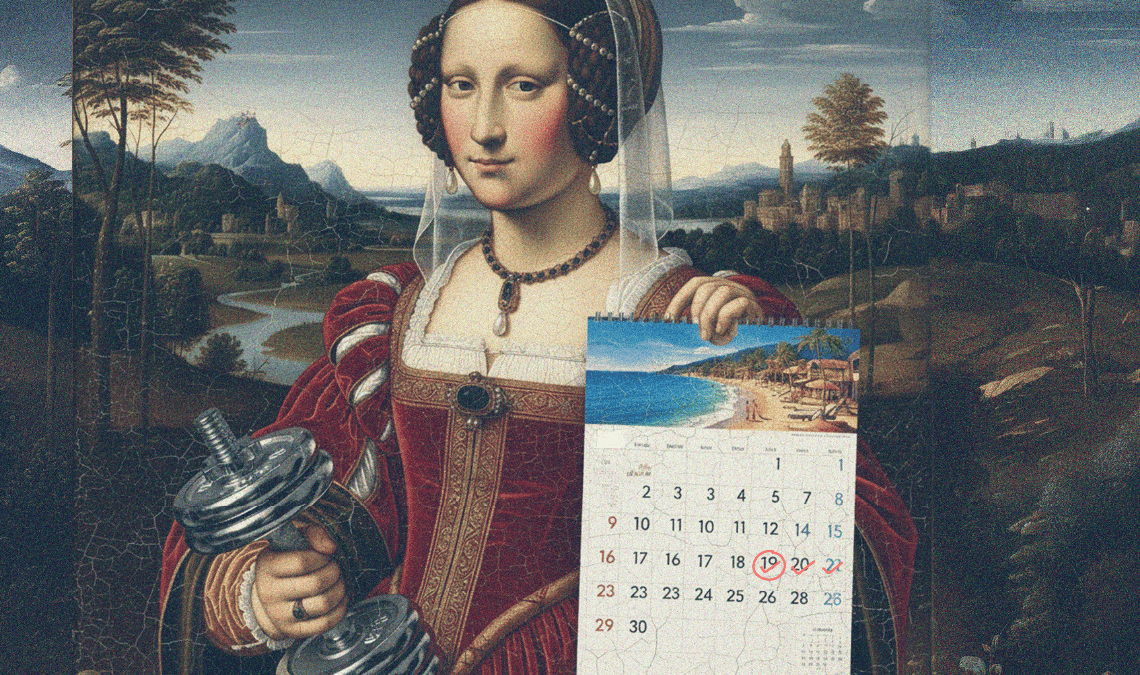 Renaissance-style woman holding a dumbbell and calendar with the 19th circled, symbolizing cycle tracking and fitness.