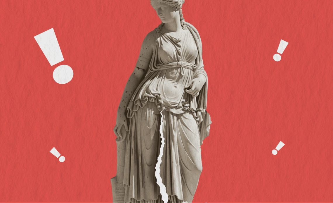 Marble statue of a woman with a visible tear effect running down her dress, symbolizing episiotomy and perineal tear, against a red background with exclamation marks.
