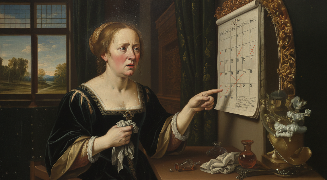 Renaissance-style woman anxiously pointing at circled dates on a calendar, symbolizing perimenopause to menopause.