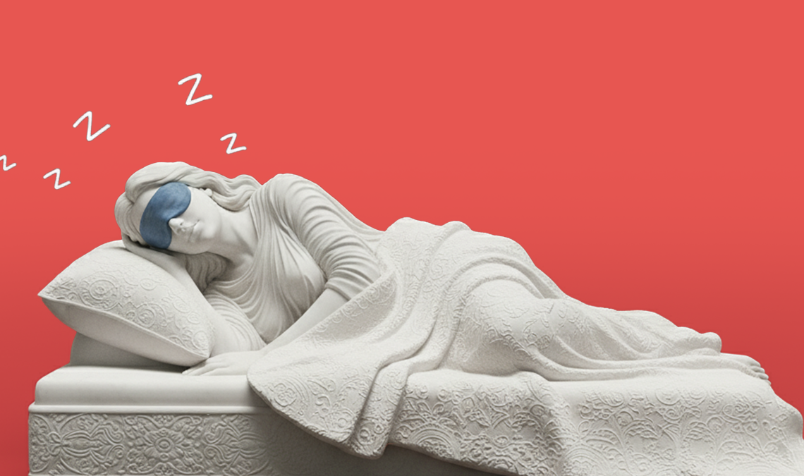 White marble statue of a reclining woman wearing a blue sleep mask, tucked under a blanket on a bed, with Z’s floating above her against a red background.