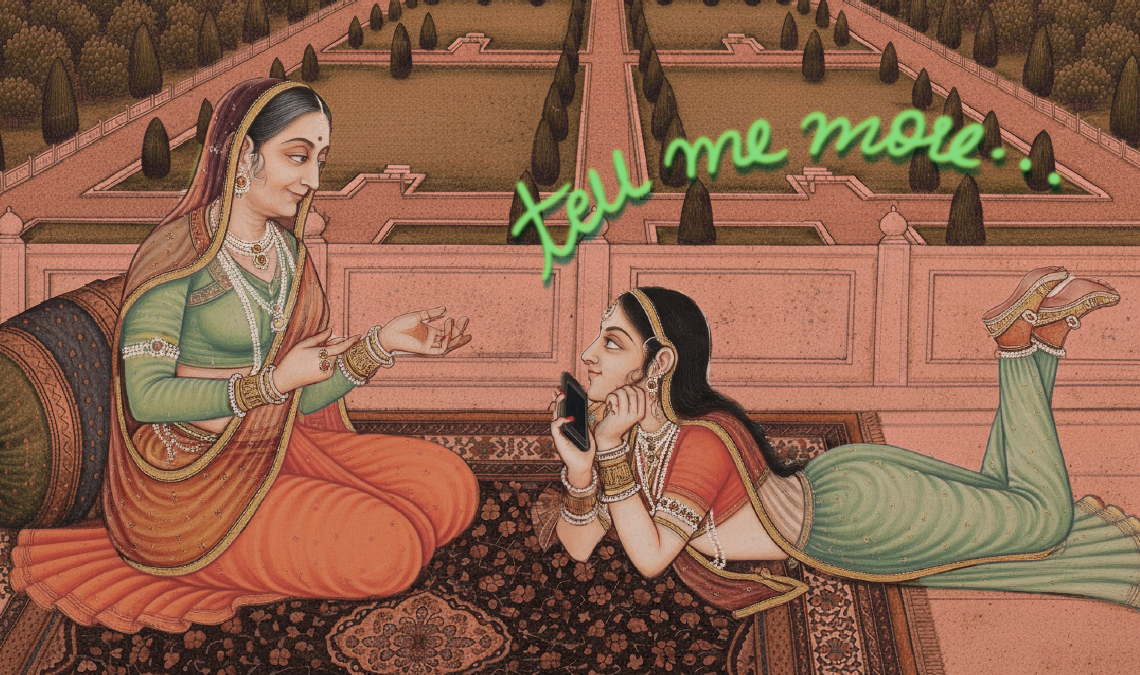 A Mughal-style painting of a grandmother talking to her granddaughter with the text over the granddaughter saying 'tell me more'