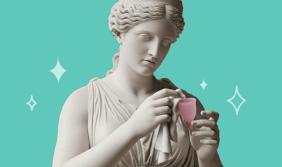 Classical-style white marble statue of a woman holding a pink menstrual cup, set against a teal background with sparkle icons.