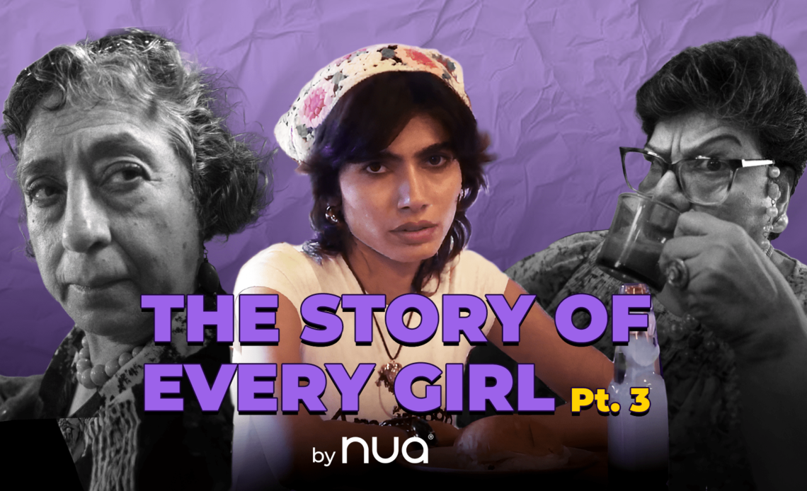 Confident young woman in Nua period panties, unfazed by disapproving looks, showing comfort and ease.