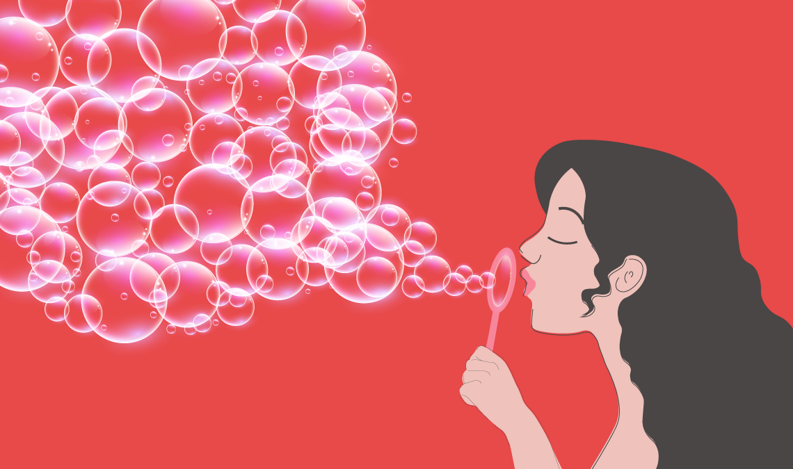 Illustration of a woman blowing bubbles, representing open conversations, light-hearted honesty, and breaking taboos around periods.