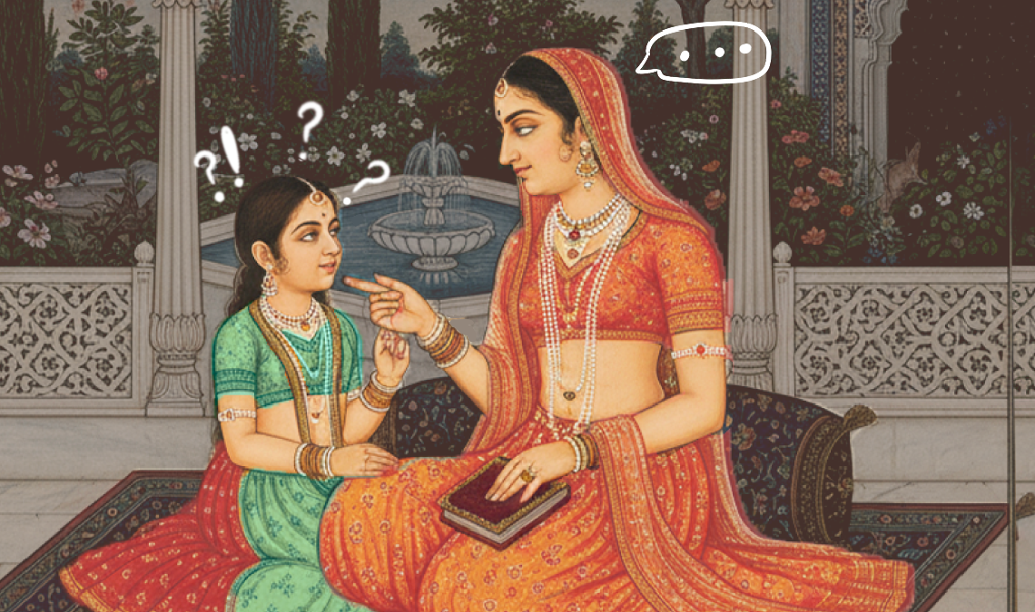 Traditional-style Indian painting of a mother in ornate clothing gently explaining something to her curious young daughter, who has question marks above her head, symbolizing a period talk.
