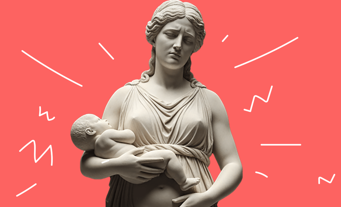 Marble statue of a woman with a pained expression holding a baby in her arms, set against a red background with abstract stress lines.