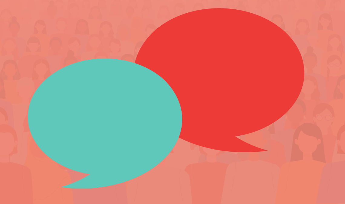 Two speech bubbles over a crowd background, representing conversations, opinions, and shared experiences.