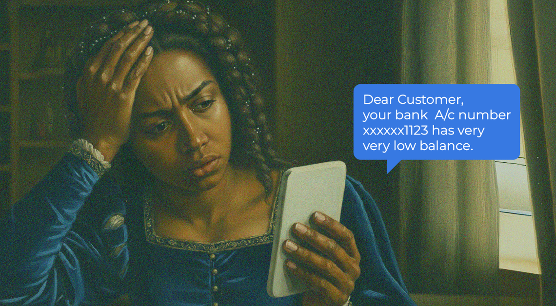 Renaissance-style painting of a worried woman in blue dress holding a phone, reading a low bank balance alert.
