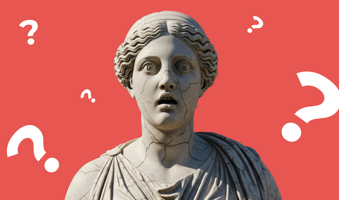 A roman-style statue face looking surprised with question marks around it