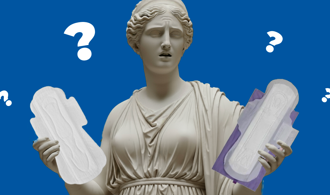 Classical marble statue of a woman looking distressed, holding a sanitary pad in each hand with question marks floating around her on a blue background.