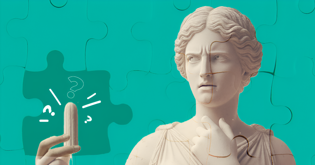 Classical marble statue of a woman with a puzzled expression, looking at a hand holding a tampon against a teal puzzle-piece background with question marks.