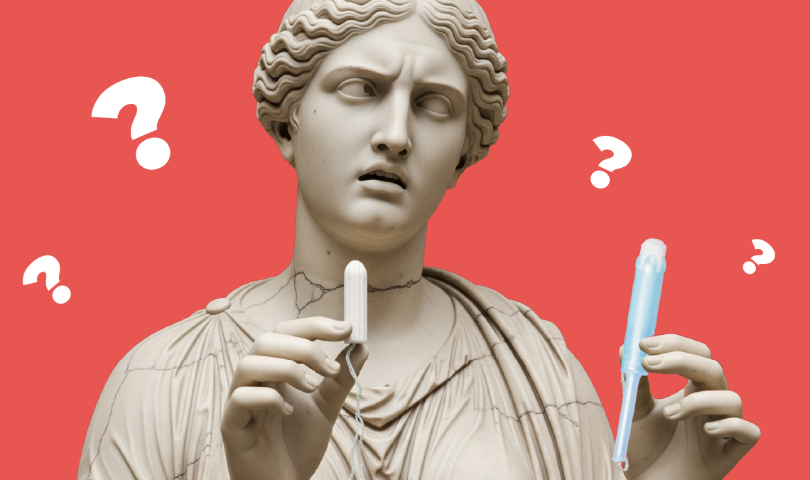 Confused statue woman holding a tampon and applicator against a red background with question marks.