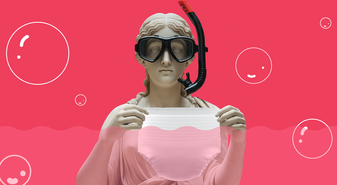 Statue woman wearing snorkeling gear, holding period panties half-dipped in water against a pink bubbly background.