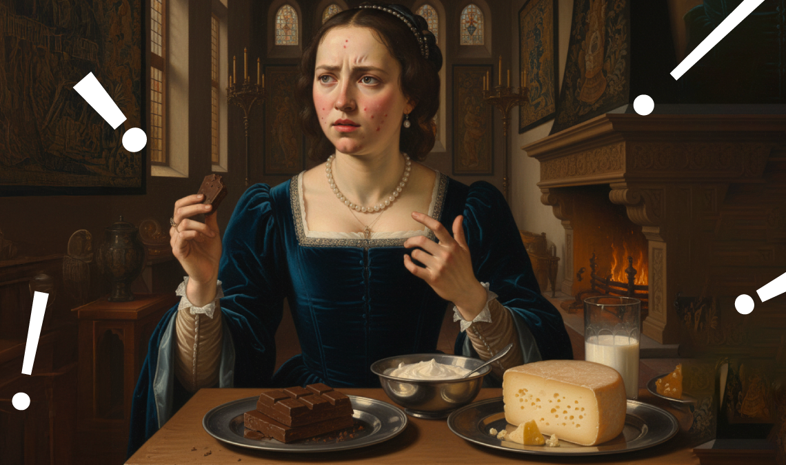 Renaissance-style painting of a woman with acne, holding a piece of chocolate while looking confused at plates of dairy and sweets — representing how diet can affect skin and cause breakouts.