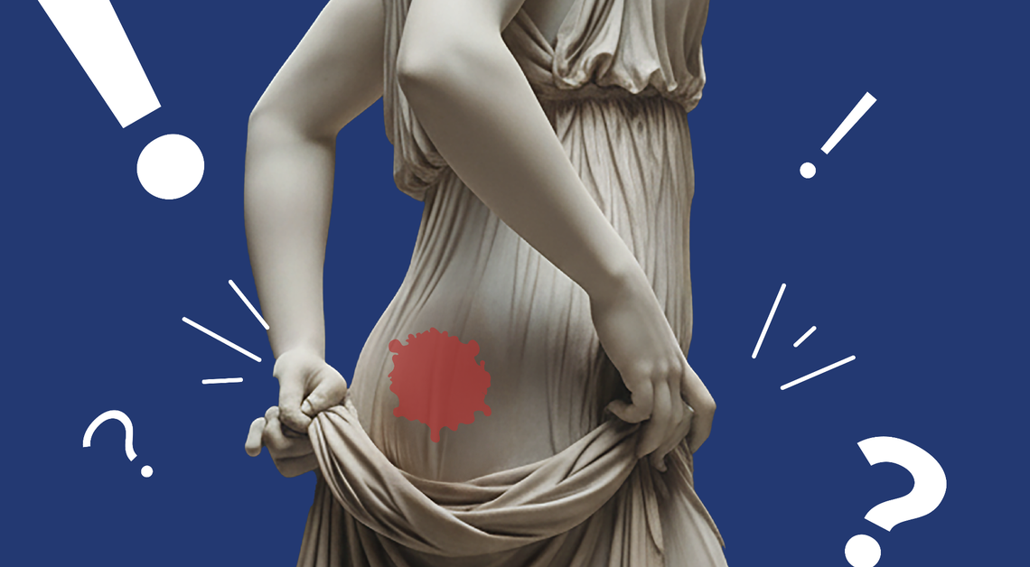 Statue lifting dress to reveal red period stain on clothing, with exclamation and question marks showing concern.