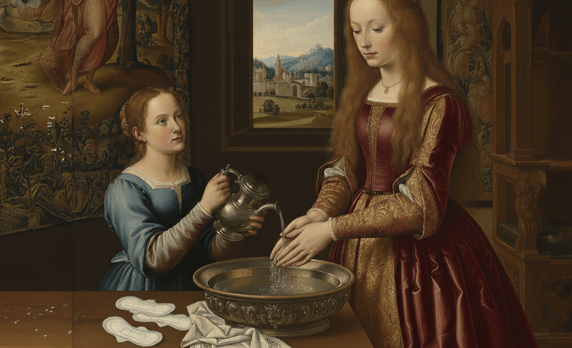 Renaissance-style women washing hands beside sanitary pads, symbolizing the importance of hand hygiene during menstruation.