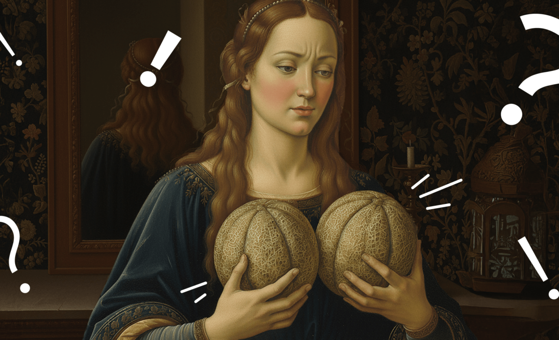 Renaissance-style woman examining two melons with a puzzled expression, representing how to perform a breast self-exam.