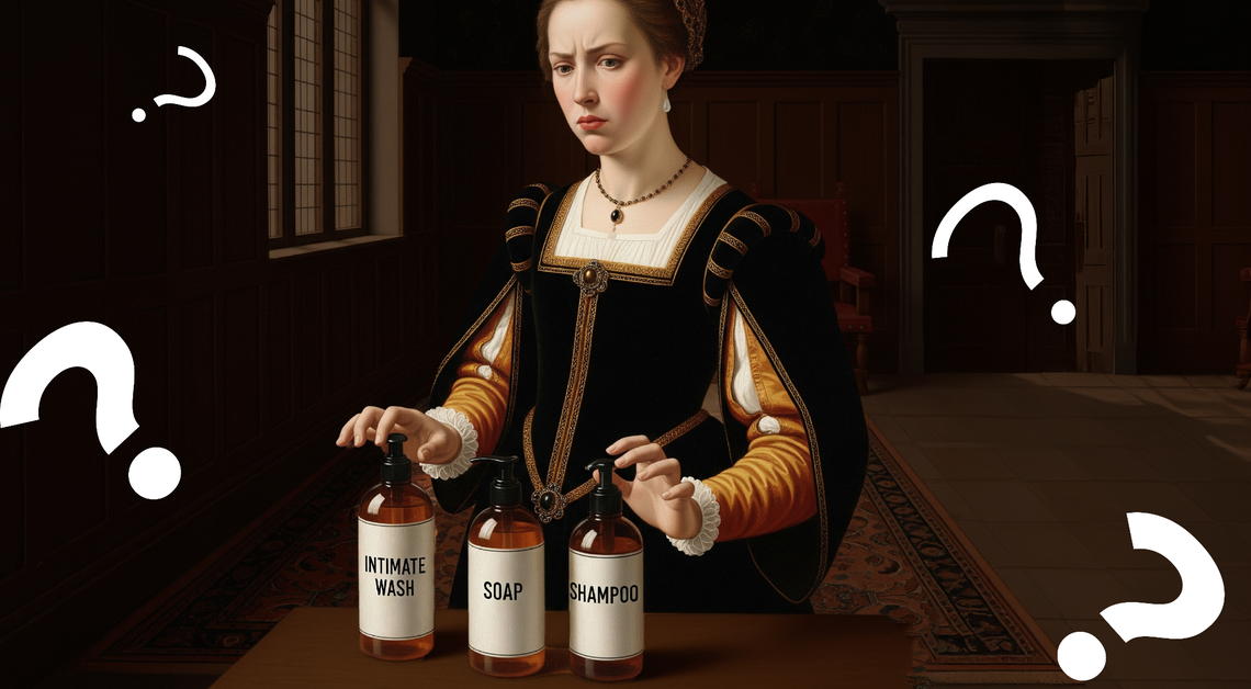 Renaissance-style woman confused between bottles labeled intimate wash, soap, and shampoo, surrounded by question marks.