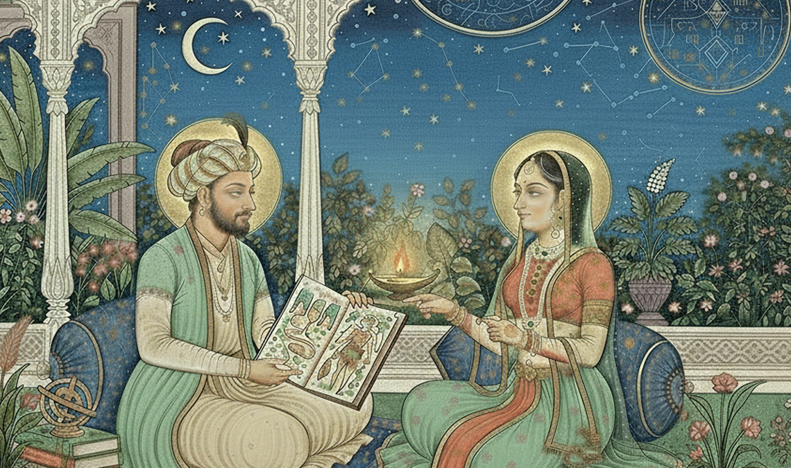 Mughal miniature-style artwork showing a man explaining reproductive anatomy from a book to a woman holding a diya lamp under a starry night sky — symbolizing open conversations about men’s reproductive health.