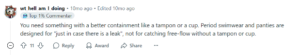 Reddit comment advising to use tampons or menstrual cups instead of period panties for swimming, noting panties are only for light leaks.