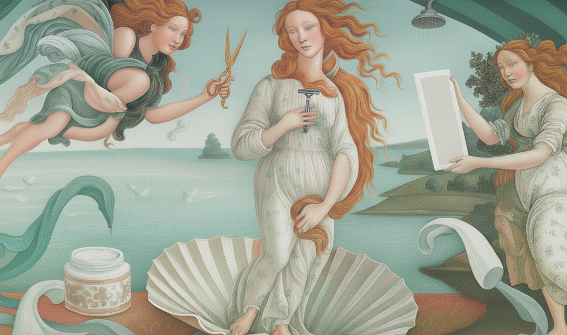 Artistic renaissance-style depiction of women holding grooming tools like scissors, razor, and mirror — symbolizing different choices around body and pubic hair care.