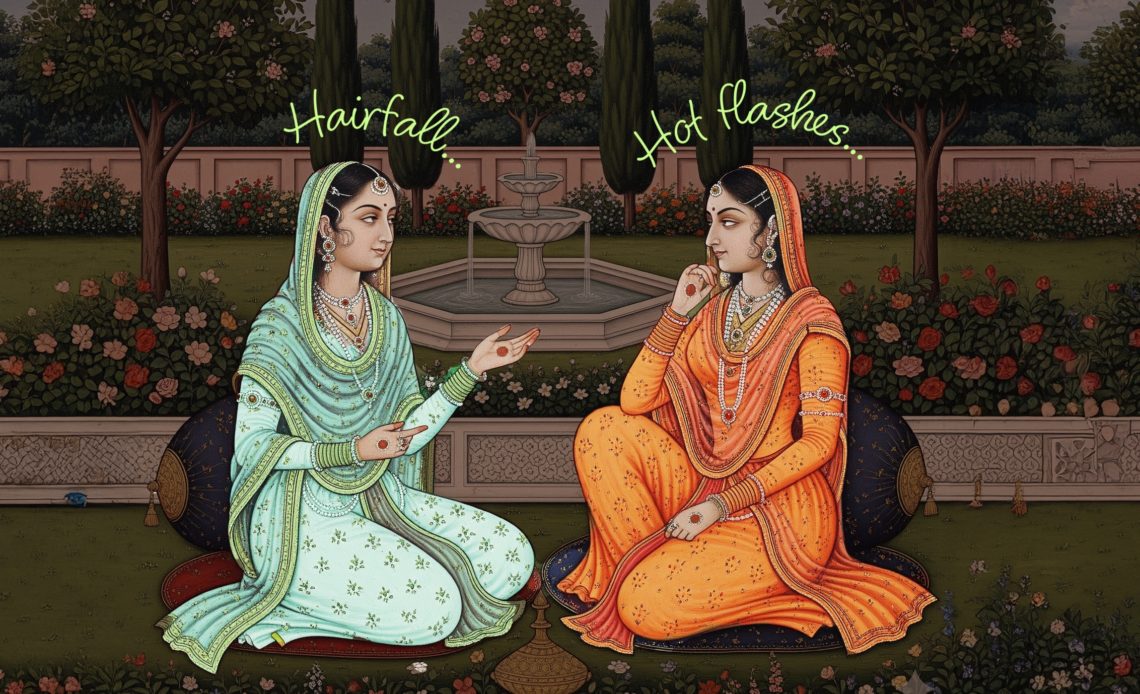 Two women in traditional Indian attire sitting in a Mughal-style garden, discussing perimenopause symptoms like hair fall and hot flashes.