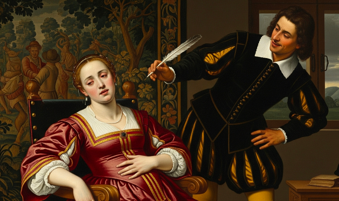 Classic painting-style image of a woman looking unwell while a man fans her with a feather, humorously representing outdated reactions to first periods.