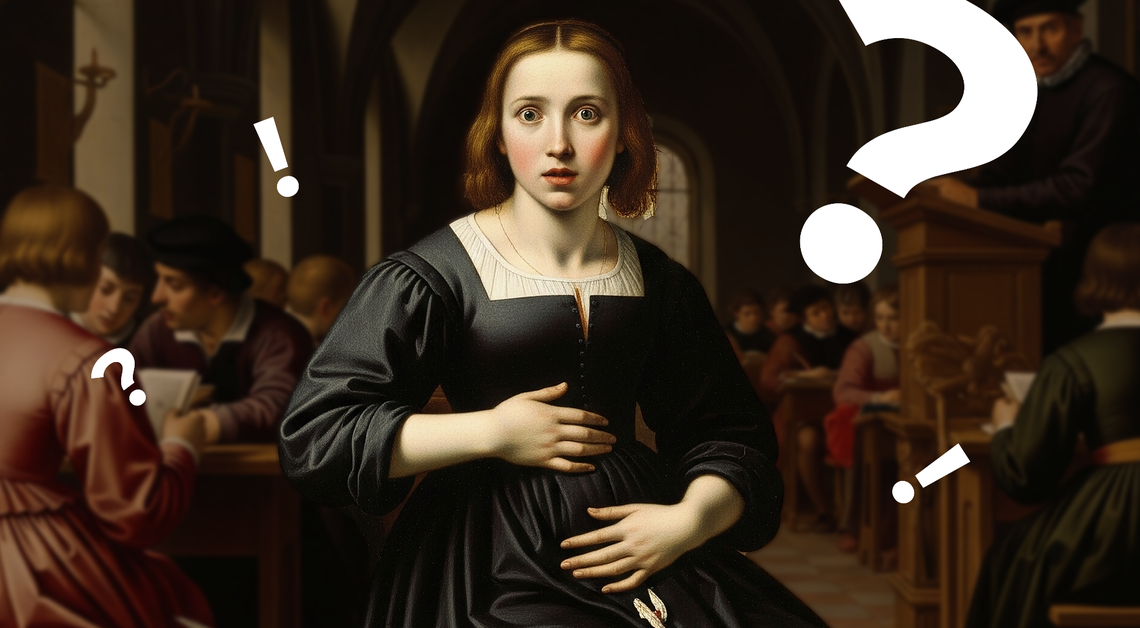 Shocked girl in classroom holding her dress with visible menstrual leak, surrounded by question and exclamation marks.