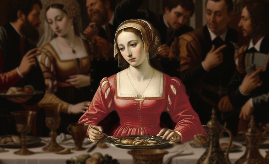 Renaissance-style woman in a red dress sitting at a lavish dinner table, looking sad and detached while others talk and eat around her — representing disordered eating or emotional struggle with food.