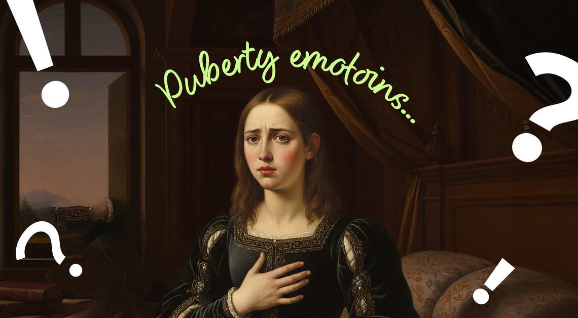 Renaissance-style girl clutching her chest with a worried expression, surrounded by question marks and exclamation points, with text reading ‘Puberty emotions...