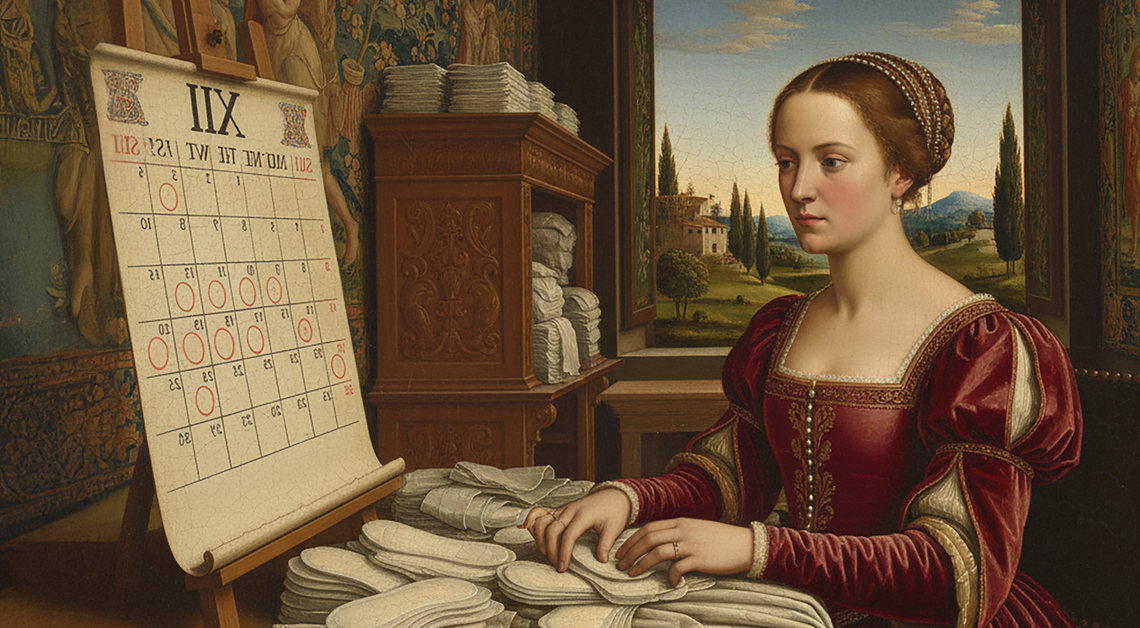 Renaissance-style woman sitting beside a calendar marked with red circles and stacks of pads, symbolizing daily pad use and menstrual tracking.